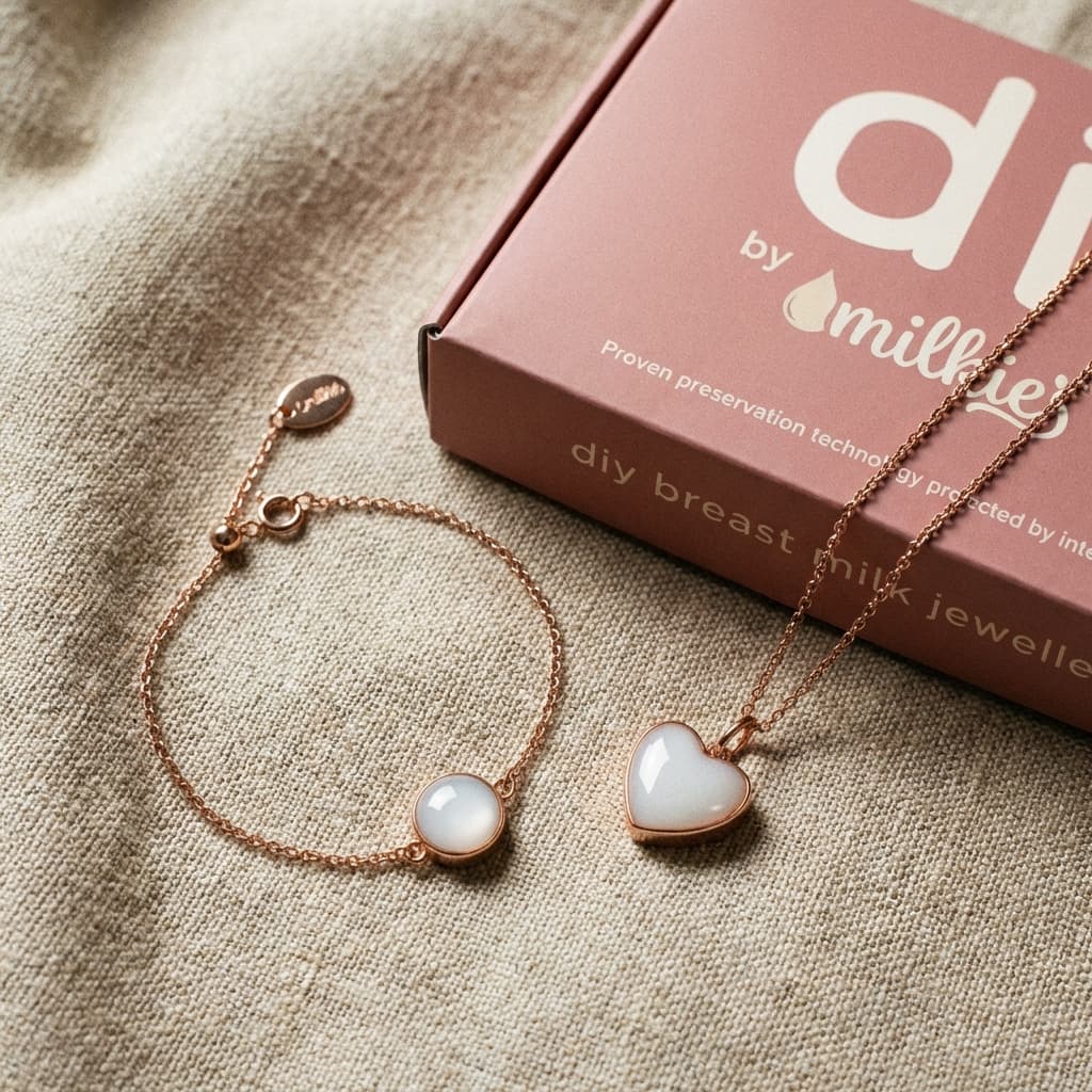 Rose-gold bracelet and heart pendant breastmilk jewelry from DIY by MILKIES displayed beside a pink branded box, an elegant push gift keepsake kit with milky white resin stones.