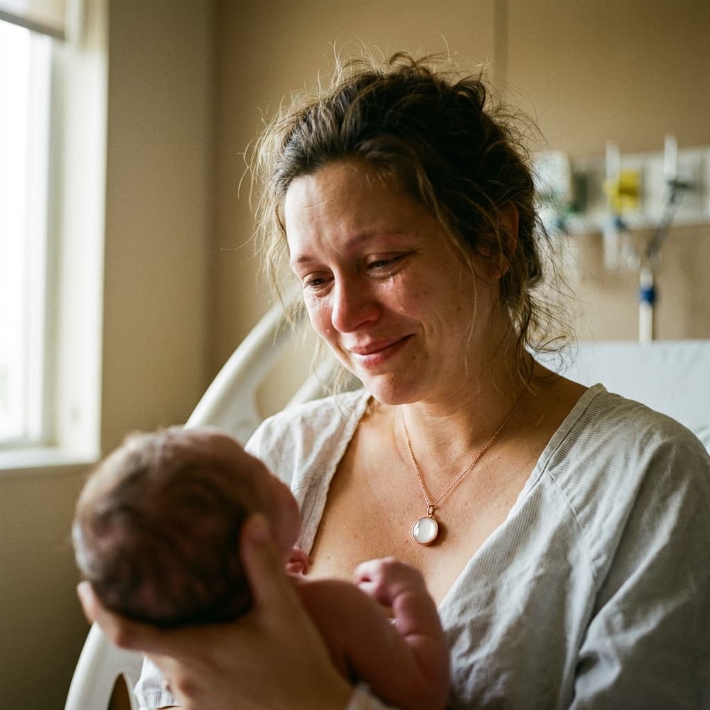 Emotional new mom in a hospital room holding her newborn and wearing a keepsake necklace, showing why a meaningful push gift like the DIY by MILKIES breastmilk jewelry kit is worth choosing.