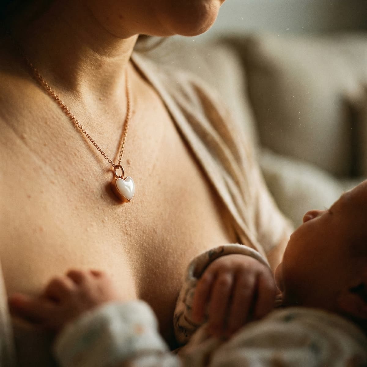 New mom holding her newborn while wearing a delicate heart pendant necklace, an intimate push present for wife keepsake jewelry gift