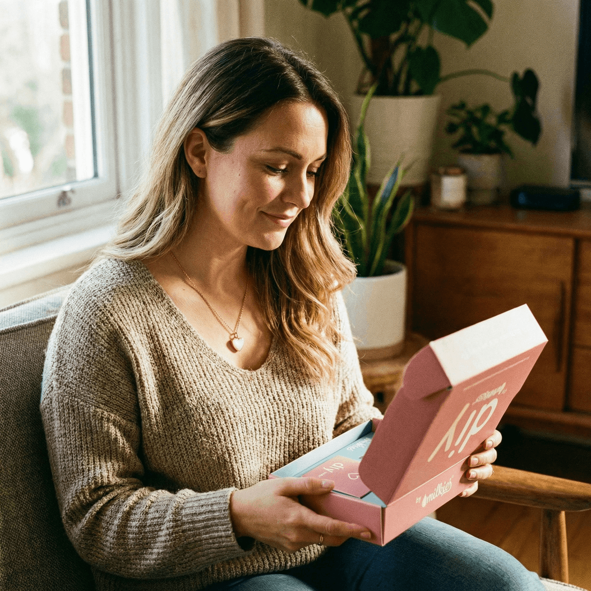 Mom unboxing a pink DIY by MILKIES breastmilk keepsake kit at home, showing why it’s a thoughtful push present for wife for creating a meaningful at-home jewelry memento.
