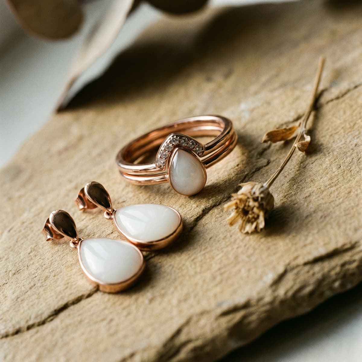 Elegant push present ideas showcasing rose-gold breastmilk keepsake jewelry, featuring a teardrop ring and matching earrings on a neutral stone surface with dried flowers.