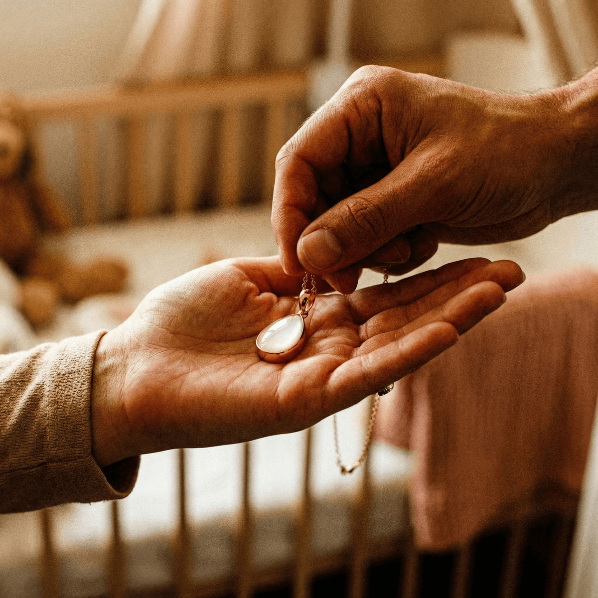 Hands gifting a gold necklace with a white teardrop pendant into a mother’s open palm beside a baby crib, a sentimental keepsake jewelry gift for push present ideas.