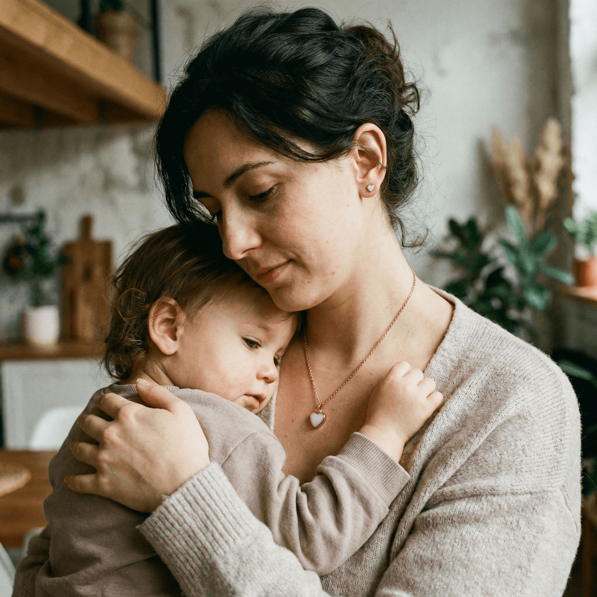 Mother cuddling her toddler at home during stopping breastfeeding, wearing a heart-shaped breastmilk keepsake pendant necklace as an emotional memento.