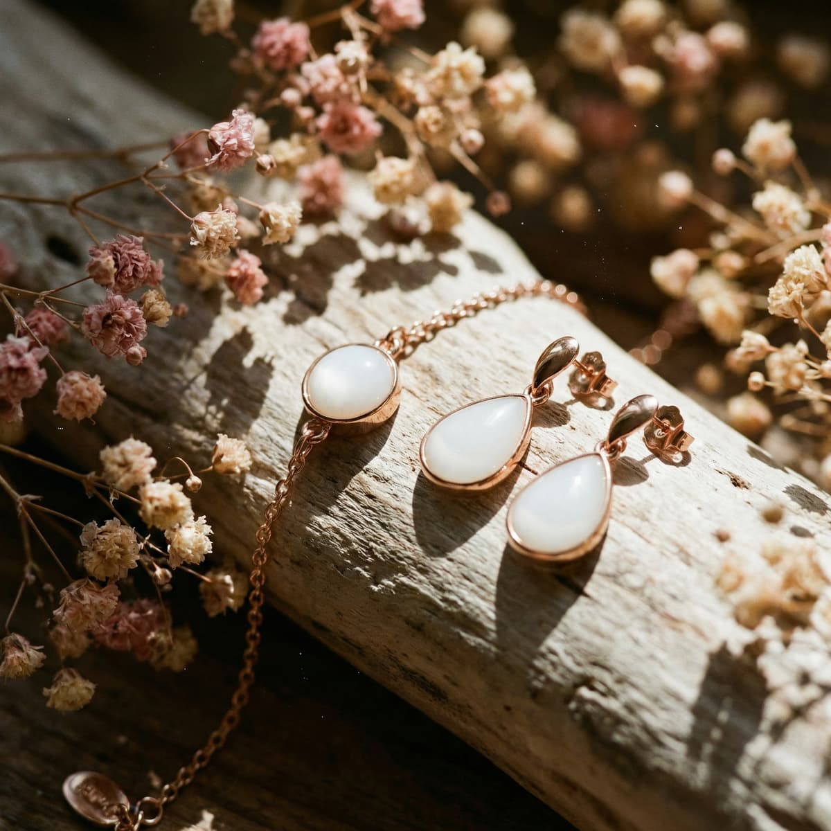 Rose-gold breastmilk keepsake jewelry set with necklace and matching teardrop earrings featuring milky resin stones, arranged on rustic wood with dried flowers, a meaningful gift for mothers stopping breastfeeding.