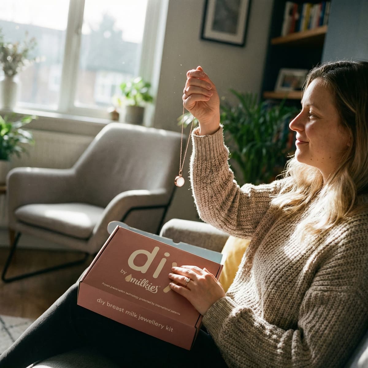 Mother in a sunlit living room holds a breastmilk keepsake necklace beside a DIY by MILKIES breast milk jewelry kit box, showing why an at-home kit is a meaningful option when stopping breastfeeding.