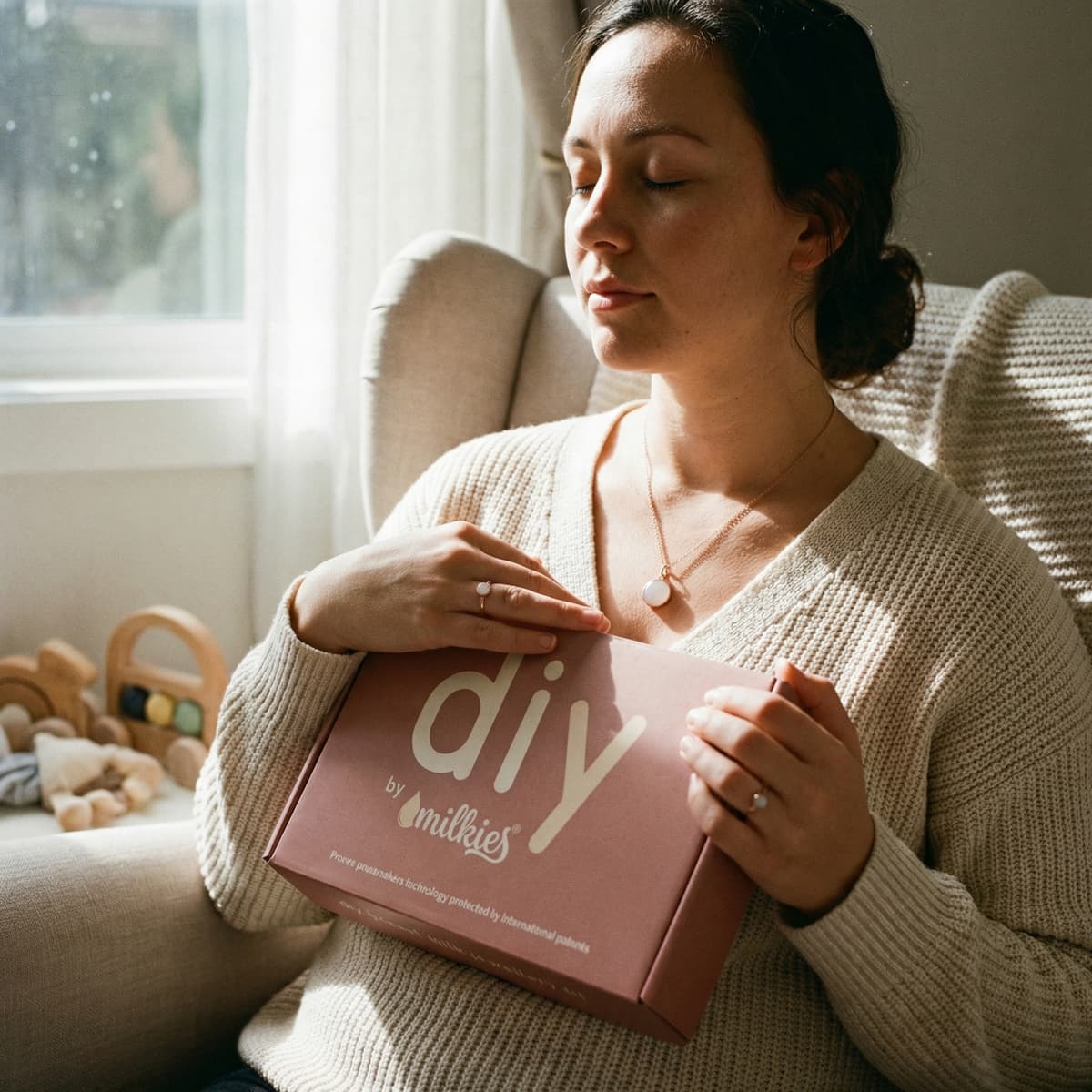 Cozy home scene of a mom relaxing while holding a pink DIY by MILKIES breastmilk jewelry kit box, highlighting why it’s a meaningful at-home keepsake option and one of the unique push presents for new mothers.