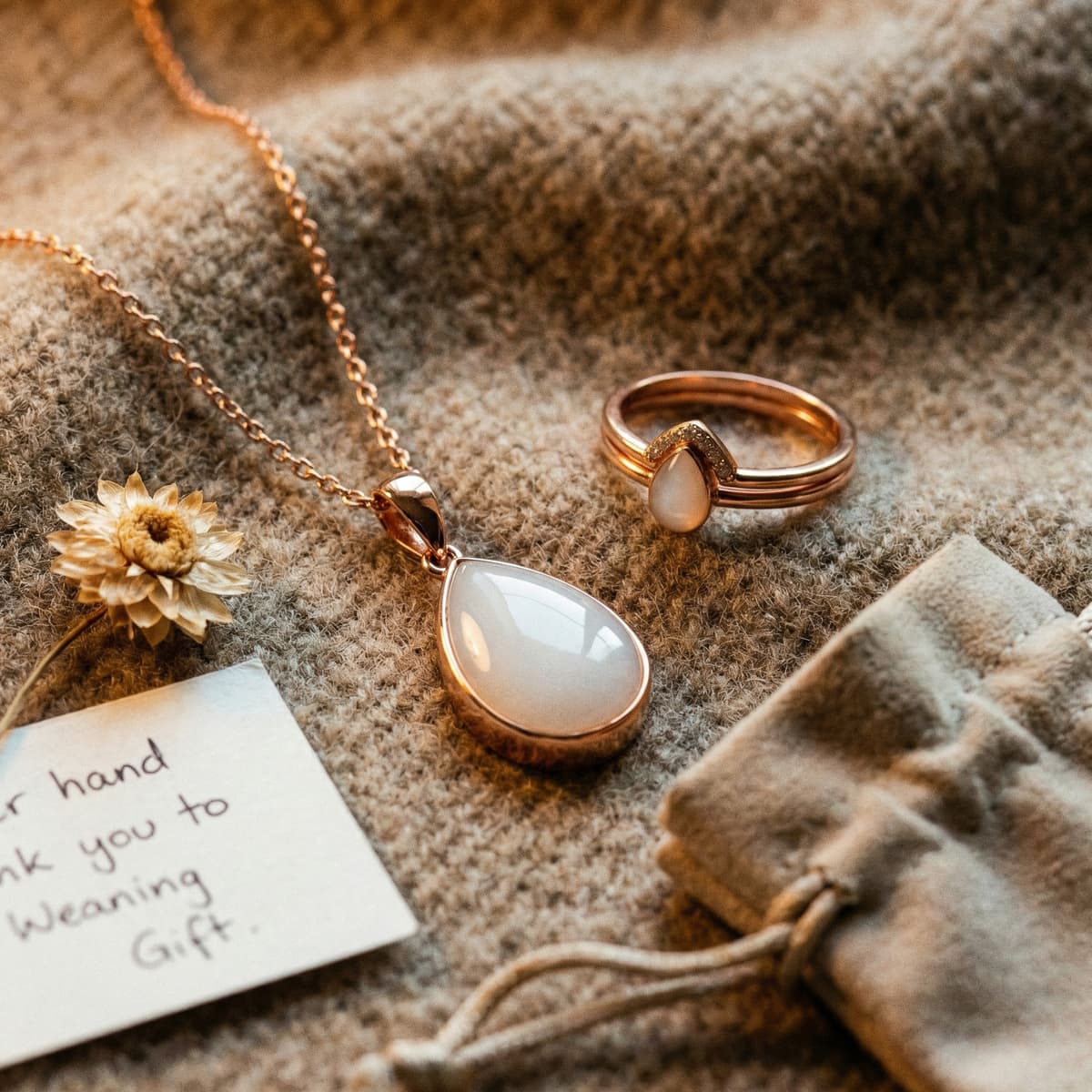 Rose-gold breastmilk keepsake jewelry set displayed on a soft knit blanket, a thoughtful weaning gift featuring a teardrop pendant necklace, matching ring, dried flower, handwritten note, and small pouch.