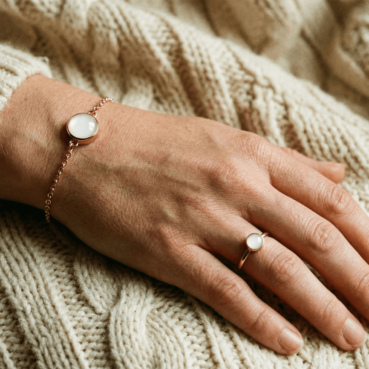 Gold bracelet and matching ring with milky-white resin stones on a woman’s hand resting on a cozy knit blanket, an elegant weaning gift jewelry set