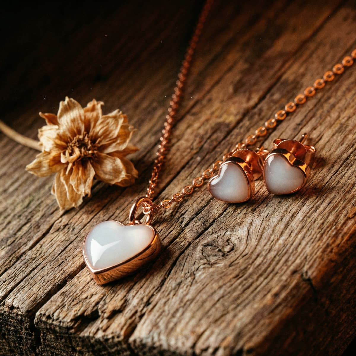 Rose gold heart necklace and matching heart stud earrings filled with milky white resin, displayed on rustic wood with a dried flower as an elegant 1 year breastfeeding keepsake jewelry set.