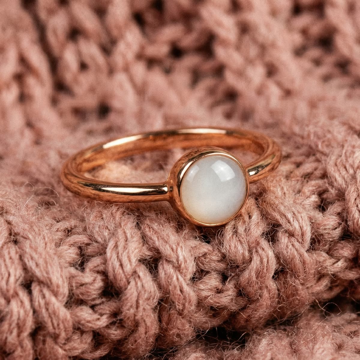 Rose gold breastmilk keepsake ring with milky white resin stone on a soft knitted blanket, a meaningful 6 months breastfeeding award gift for new moms.
