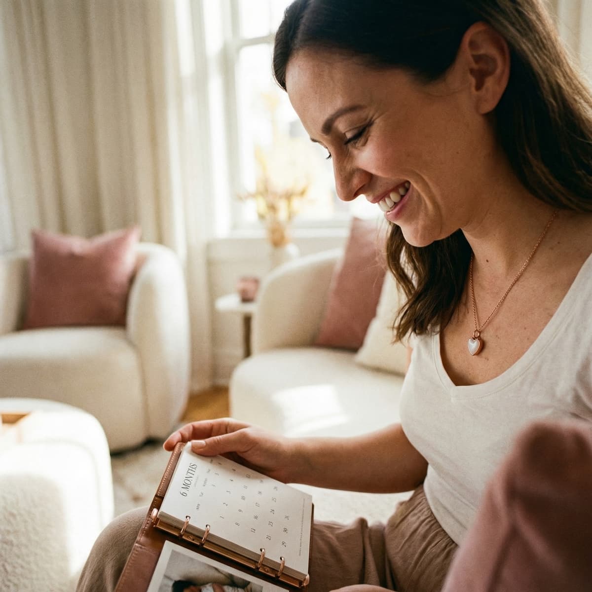 Smiling mom in a cozy living room celebrating her 6 months breastfeeding award milestone while looking at a “6 months” calendar page.