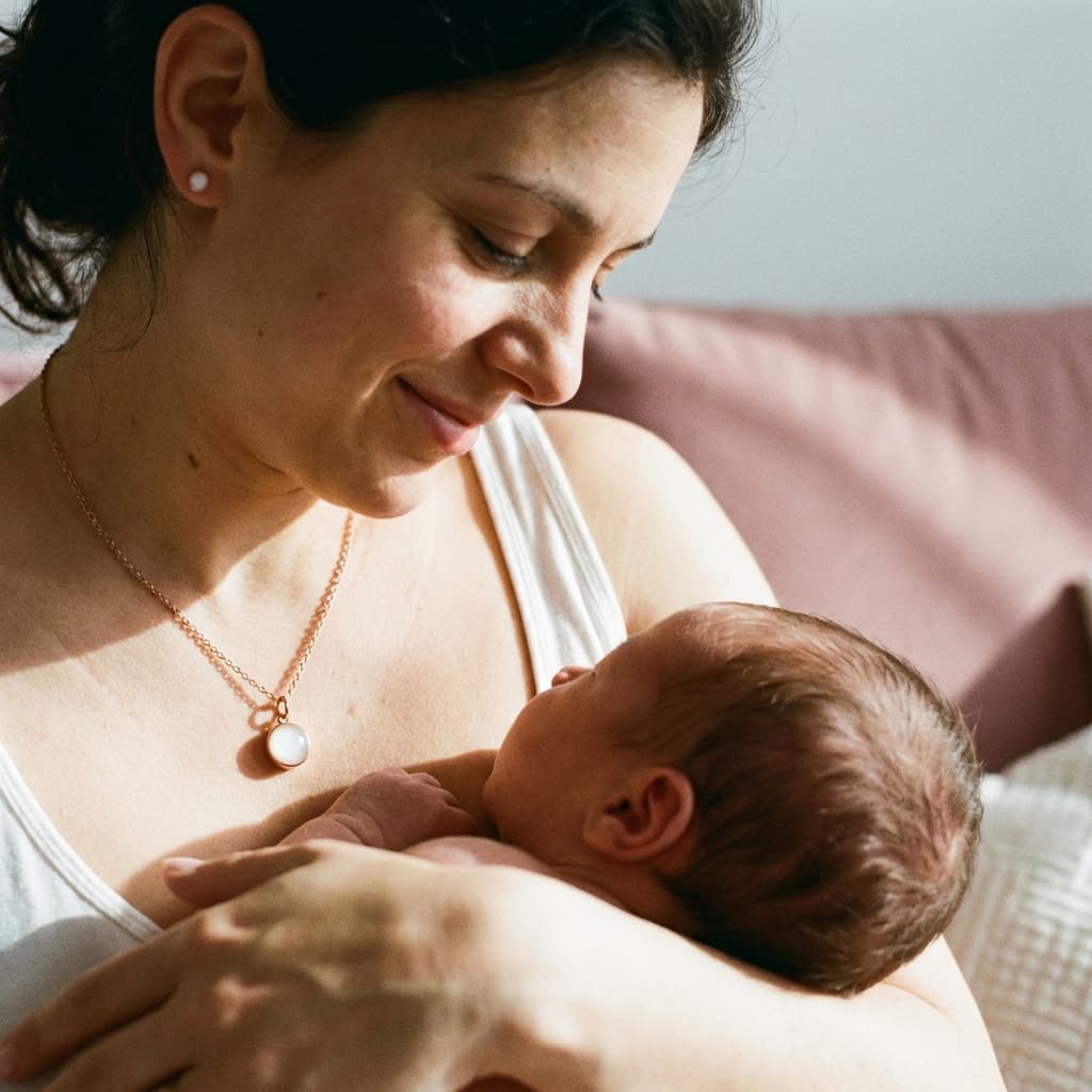 Mother breastfeeding a newborn while wearing a milky-white pendant necklace, showing why a breast milk jewellery diy kit is a meaningful at-home way to preserve a special moment as a keepsake.