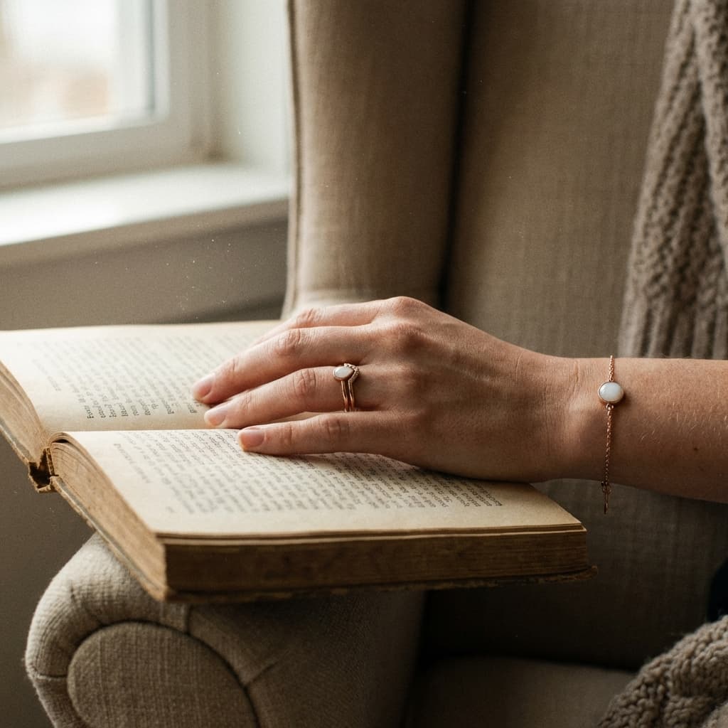 Hand resting on an open book by a window, wearing a delicate ring and bracelet with milky white stones, inspired by a breast milk jewellery diy kit keepsake style.