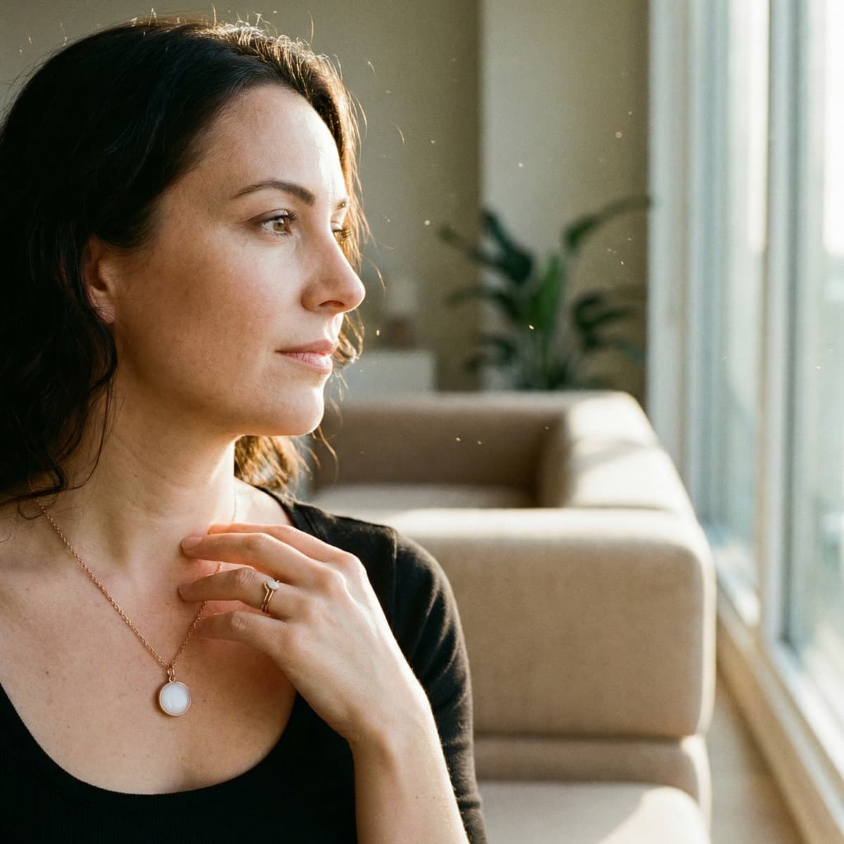 Woman wearing a gold necklace with a milky white resin pendant in a sunlit living room, showcasing results made using a breast milk jewellery making kit.