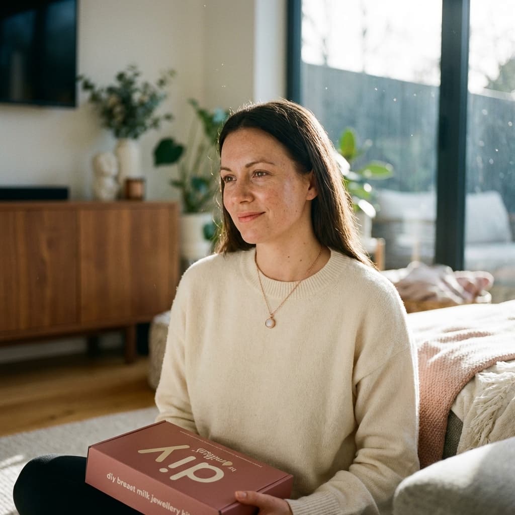 Mother in a cozy living room holding a DIY by MILKIES box, highlighting why an at-home breast milk jewellery making kit is a meaningful way to create a personal keepsake.