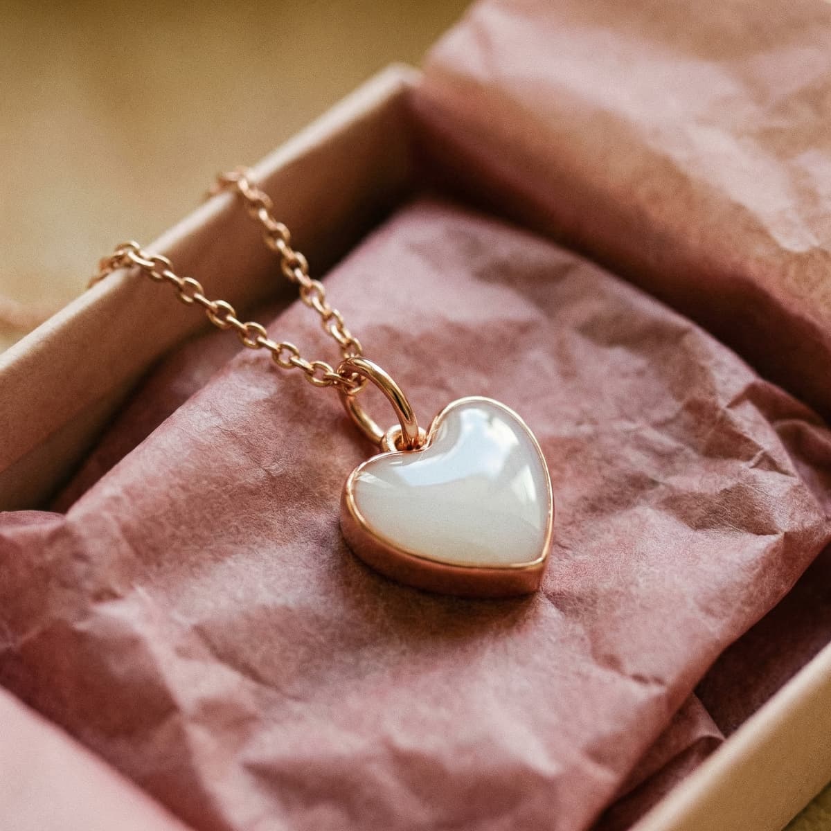 Gold heart-shaped breastmilk resin pendant necklace in a gift box, a keepsake jewelry option as a breastfeeding new mother gift.