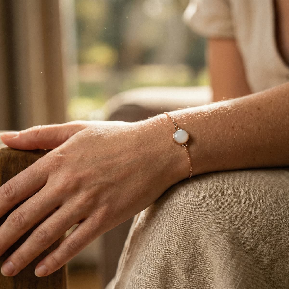 Close-up of a woman’s wrist wearing a delicate gold chain bracelet with a milky white resin charm, created using a breastmilk bracelet diy making kit.