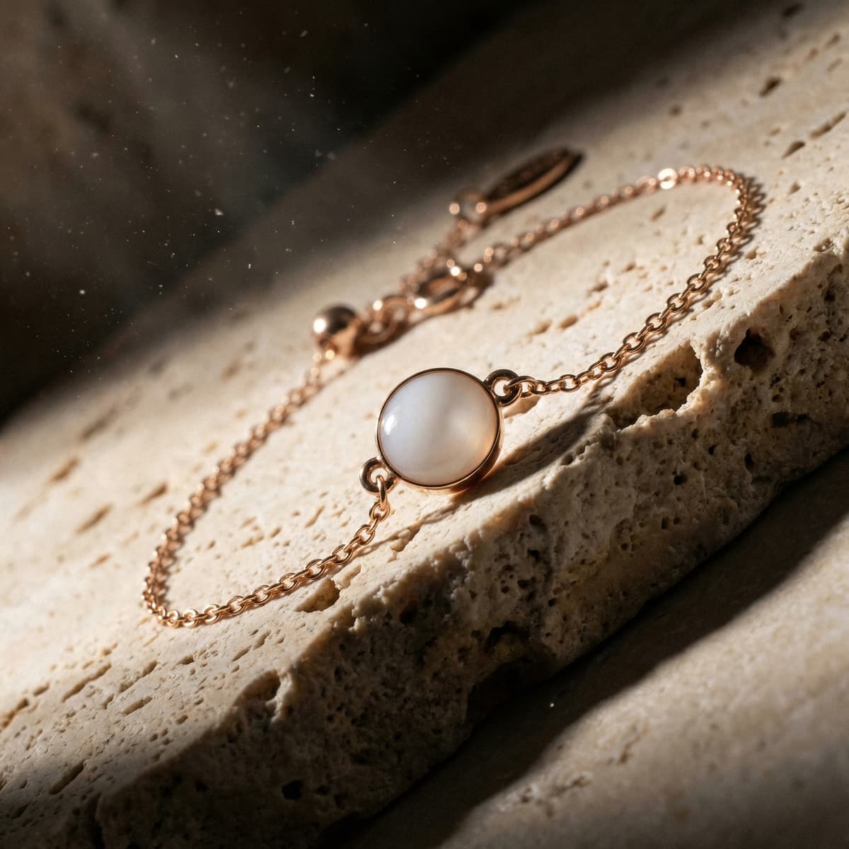Rose gold chain bracelet with a round milky white resin stone, a finished keepsake created using a breastmilk bracelet diy making kit, displayed on a textured stone surface.