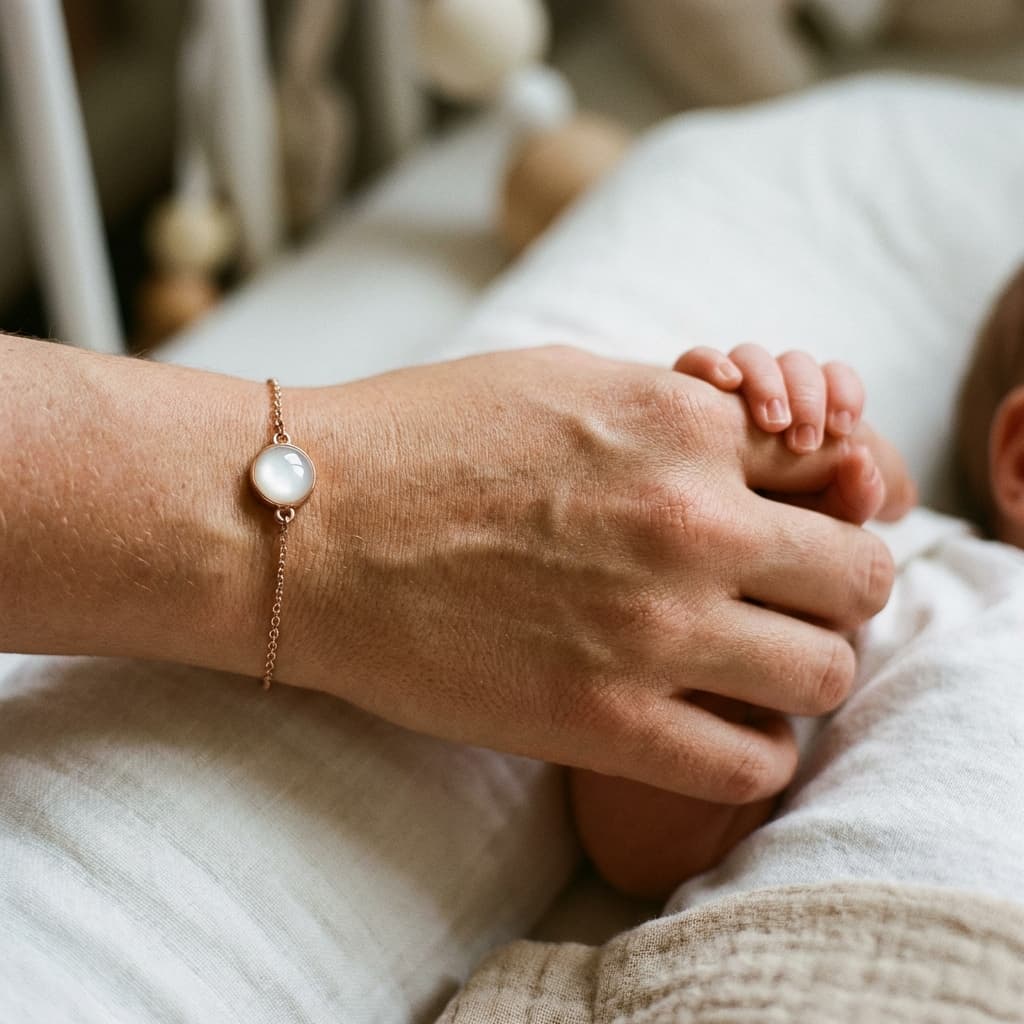 Mother holding a newborn’s hand while wearing a delicate gold bracelet with a milky white stone, highlighting a breastmilk bracelet diy making kit keepsake jewelry piece.