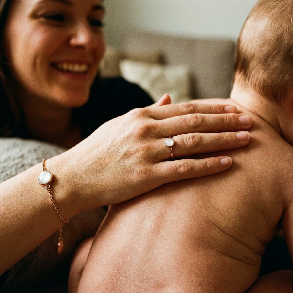 Smiling mother holding her baby close, wearing a white-stone bracelet and ring, showing why a breastmilk bracelet making kit is a meaningful at-home way to create a private keepsake.