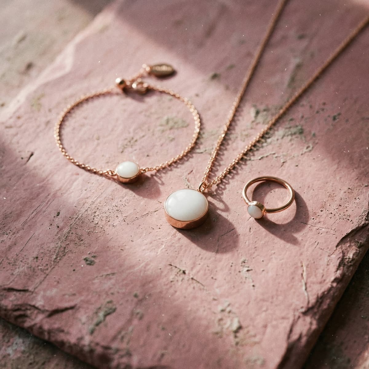 Elegant gold jewelry set—bracelet, pendant necklace, and ring with milky white resin stones—showing finished keepsakes made with a breastmilk bracelets diy kit on a textured pink surface.