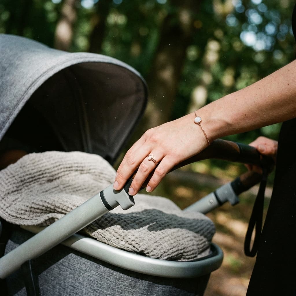 Mother’s hand pushing a stroller while wearing a delicate keepsake bracelet made with a breastmilk bracelets diy kit for new moms creating jewelry at home.