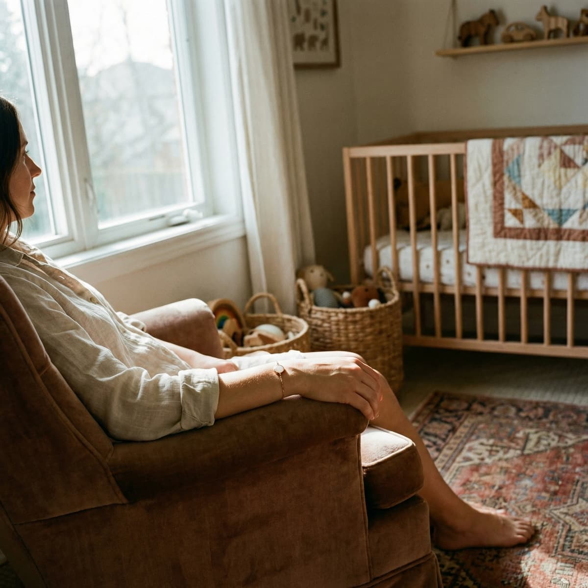 Mother relaxing in a sunlit nursery beside a baby crib, wearing a delicate keepsake bracelet, showcasing a breastmilk bracelets diy making kit for jewelry making at home.