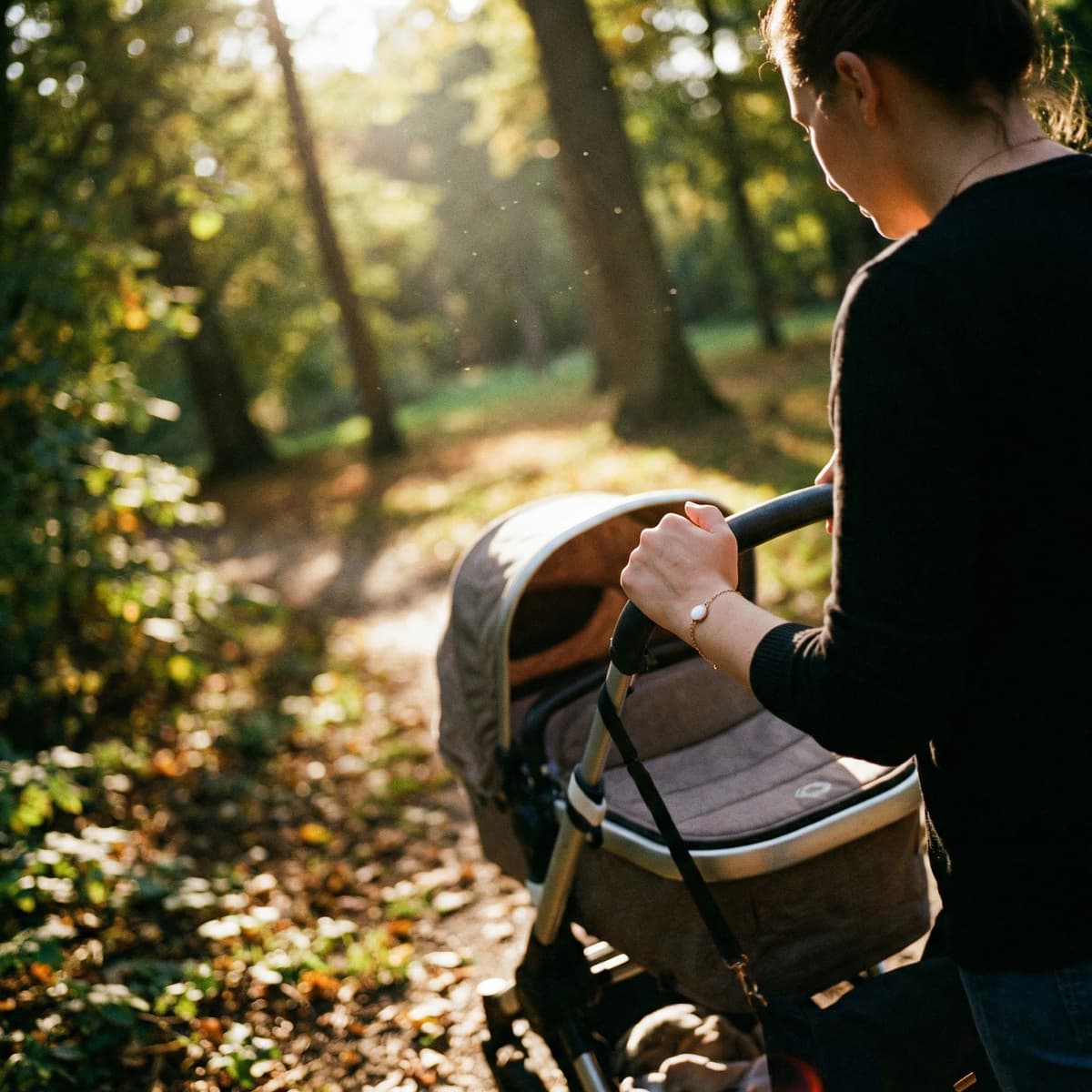 Lifestyle photo of a mother pushing a baby stroller along a sunlit forest path, wearing a delicate bracelet, evoking a keepsake made with a breastmilk bracelets making kit.