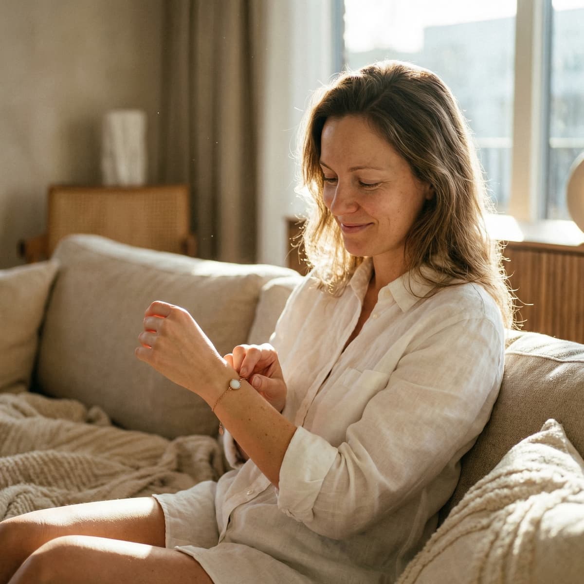 Sunlit mom at home fastening a delicate keepsake bracelet, showing why a breastmilk bracelets making kit is a meaningful DIY way to create a personal memory with privacy and comfort.