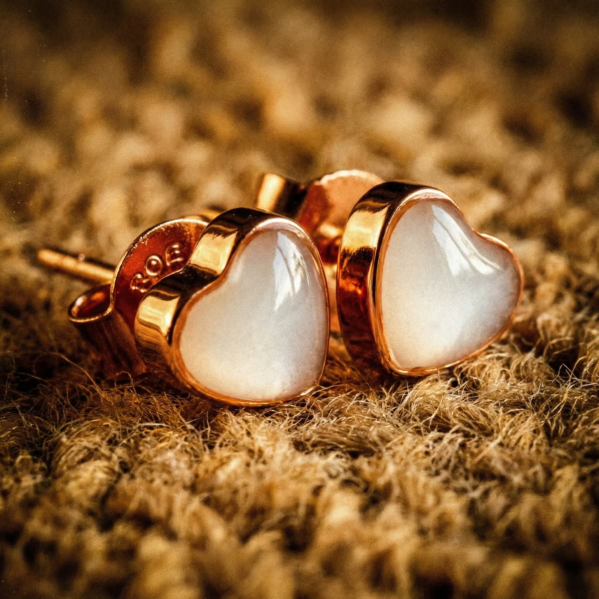 Close-up of heart-shaped rose gold stud earrings filled with milky white resin, made using a breastmilk earring diy making kit, resting on textured beige fabric.