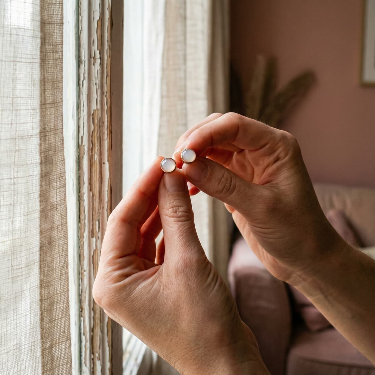 Hands hold two round white stud earrings by a window, showing the finished result made with a breastmilk earring making kit in soft natural light.