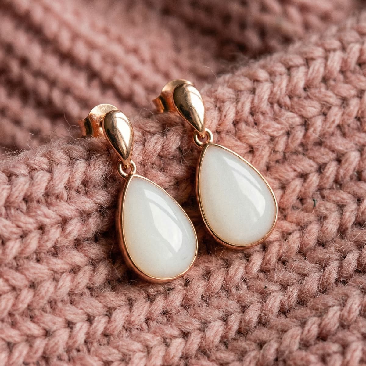 Rose gold teardrop keepsake earrings with milky white resin stones on a soft pink knit background, created using a breastmilk earrings diy making kit