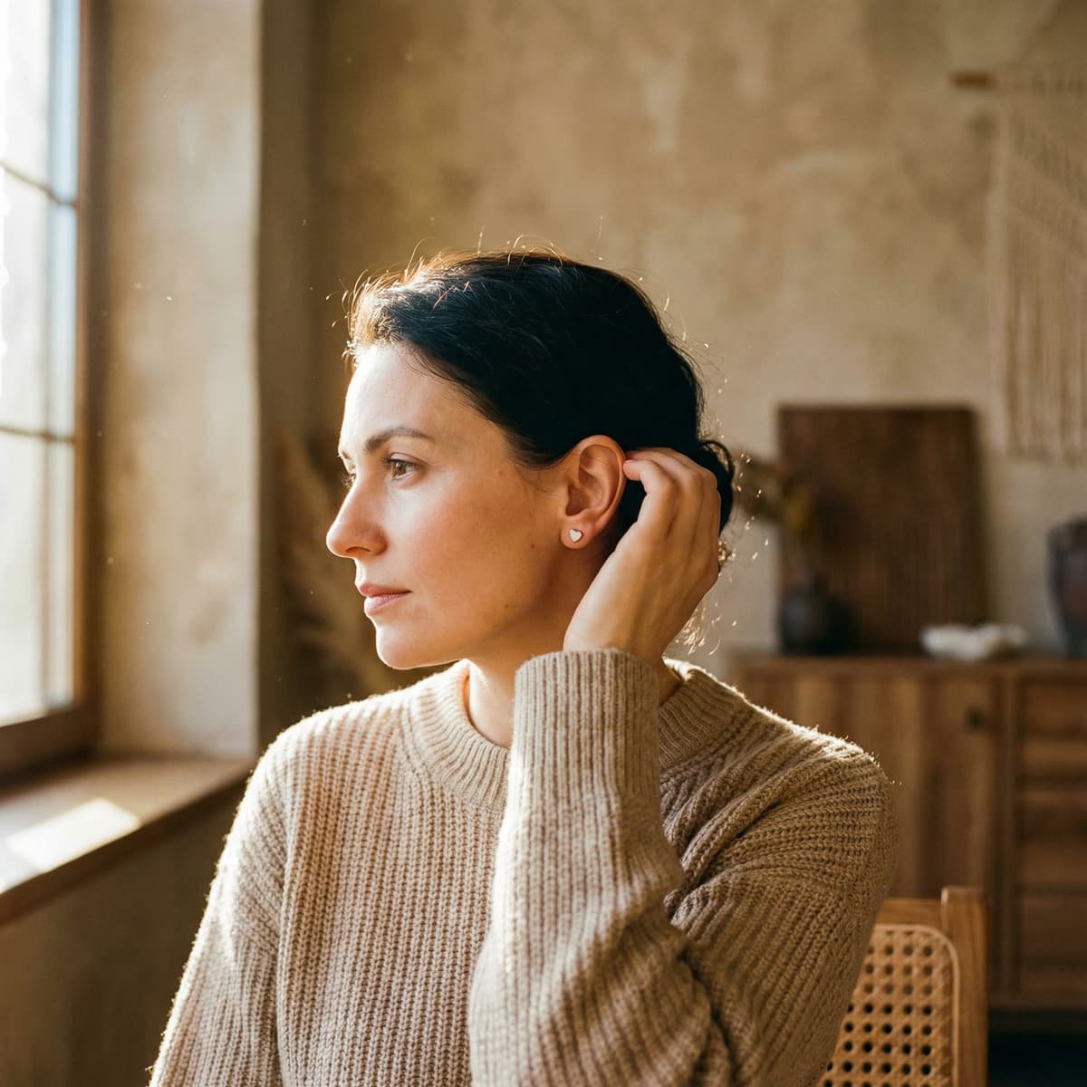 Woman in a cozy sweater by a sunlit window wearing small heart-shaped stud earrings, showcasing a sentimental keepsake made with a breastmilk earrings making kit.