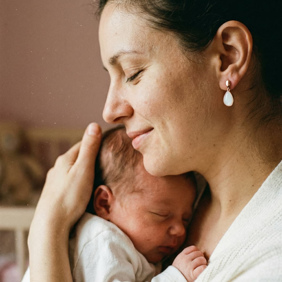 A mother cuddles a sleeping newborn while wearing teardrop keepsake earrings, showing why a breastmilk earrings making kit is a meaningful at-home way to preserve early motherhood memories.