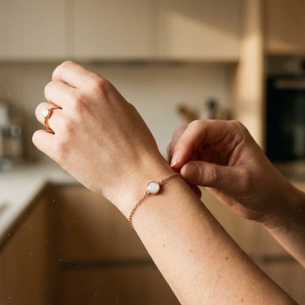 Hands fastening a rose-gold bracelet with a milky-white stone, illustrating a breastmilk jewellery diy kit keepsake accessory in a warm home setting.