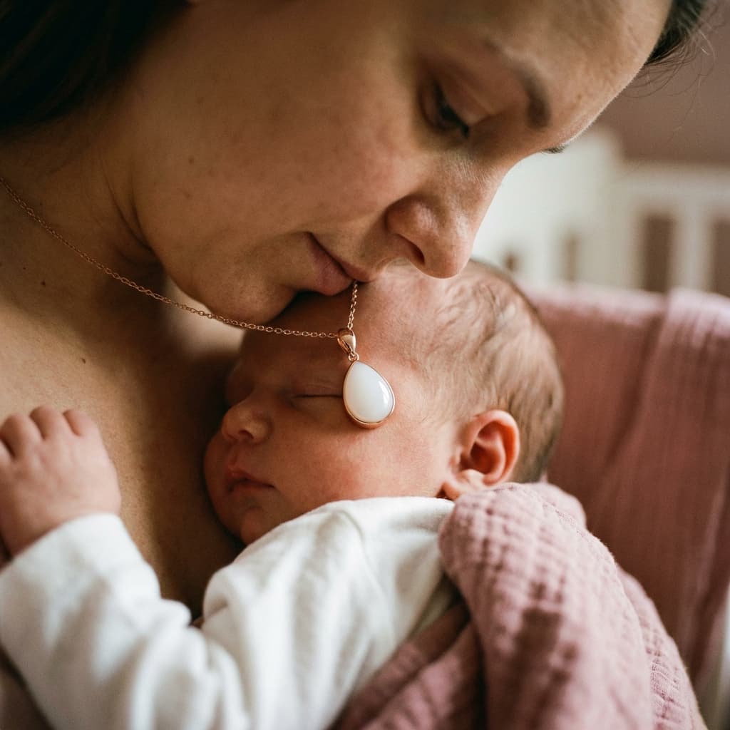 Mother cuddling a sleeping newborn while wearing a teardrop breastmilk keepsake necklace made with a breastmilk jewellery diy making kit in a gold setting.