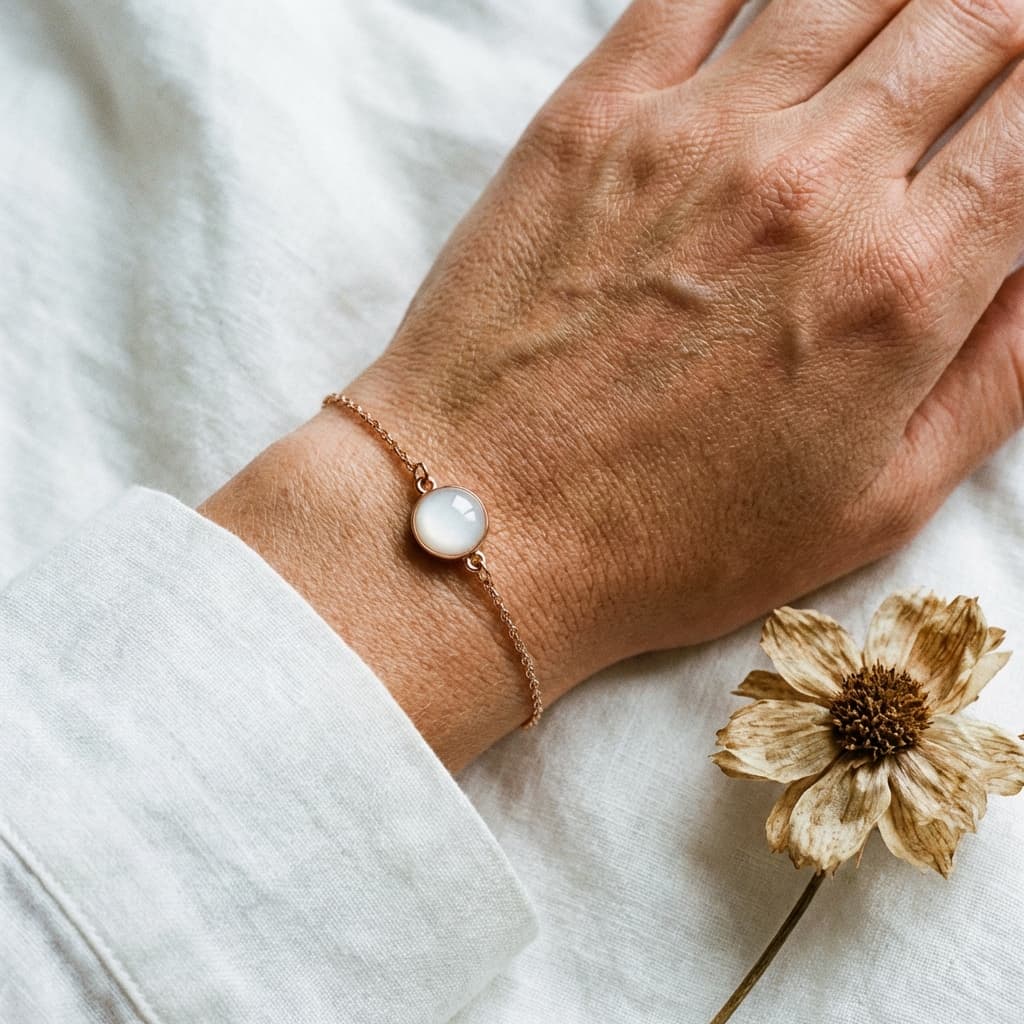 Hand wearing a delicate gold bracelet with a milky white resin stone, showing a keepsake made with a breastmilk jewellery diy making kit on soft linen beside a dried flower.