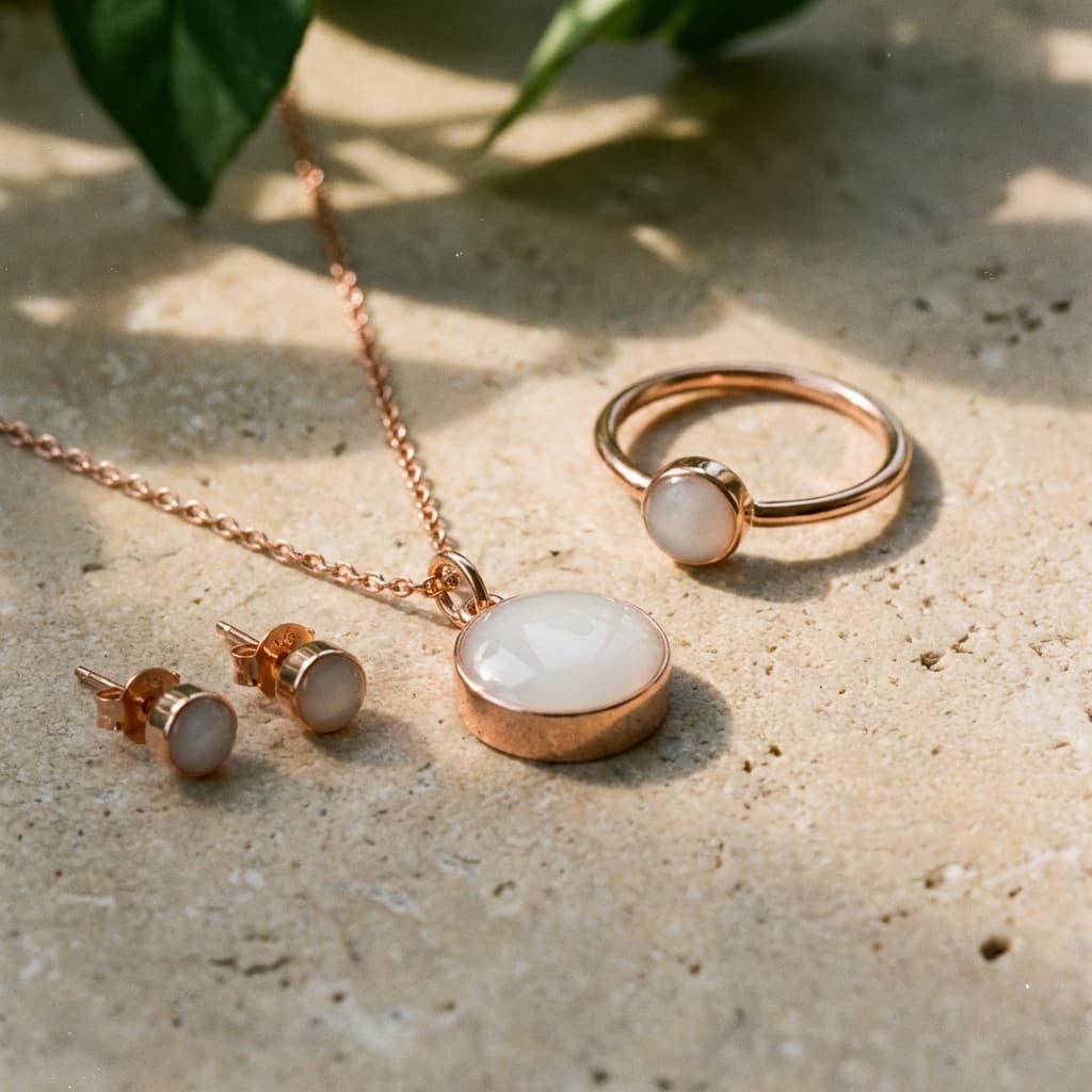 Rose-gold necklace, ring and stud earrings with milky white resin stones on a sunlit stone surface, showcasing results made with a breastmilk jewellery diy making kit.