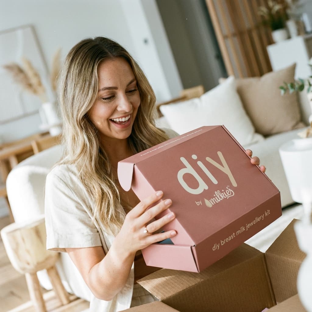 Smiling mom unboxing DIY by MILKIES breastmilk jewellery diy making kit at home, showing why the all-in-one keepsake kit makes creating breast milk resin jewelry yourself easy and convenient.