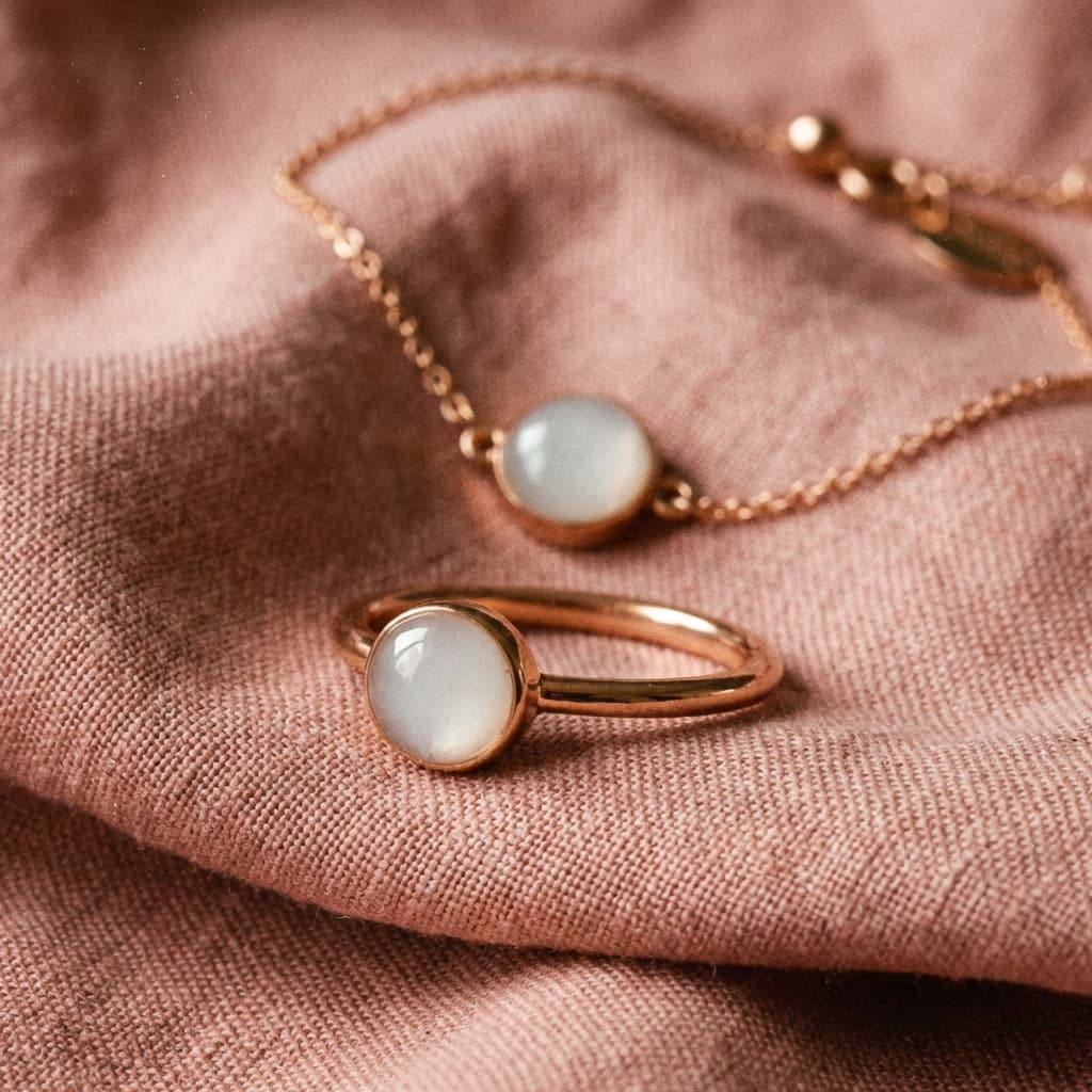Delicate gold ring and necklace featuring milky resin breastmilk stones on soft blush fabric, made using a breastmilk jewellery making kit for DIY keepsake jewelry