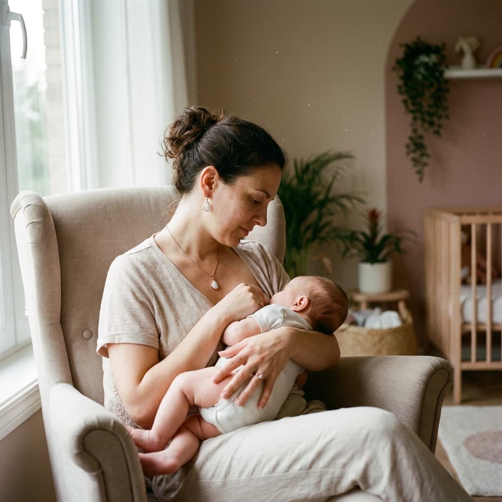 Mother breastfeeding her baby in a cozy nursery, showing why a breastmilk jewellery making kit is a meaningful DIY way to preserve this special moment as a keepsake.