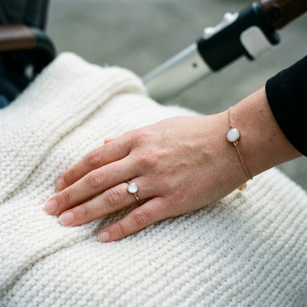 Hand resting on a cozy knit blanket wearing a rose-gold ring and bracelet with milky white stones, showcasing a breastmilk jewelry diy kit keepsake set for moms.