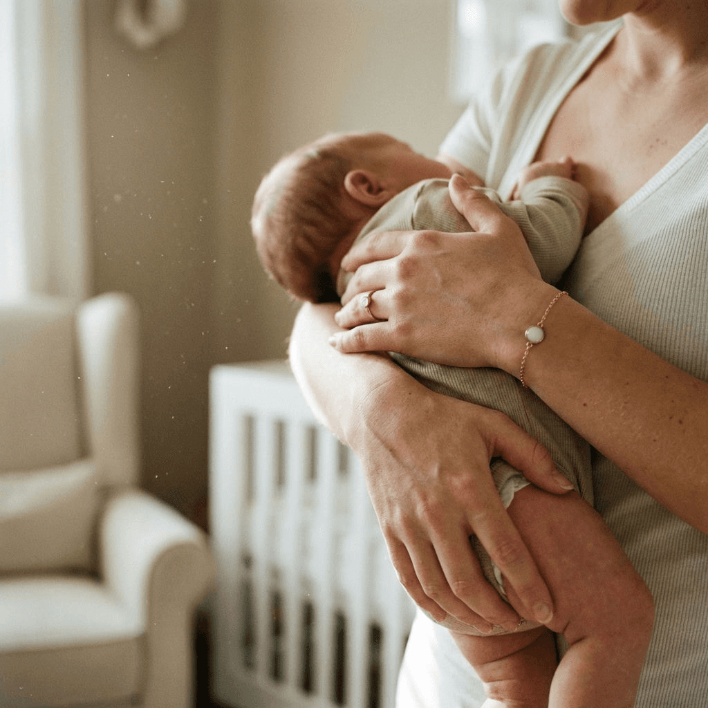 In a cozy nursery, a mother cradles her sleeping newborn while wearing a delicate milk-stone bracelet, highlighting why a breastmilk jewelry diy kit is a meaningful at-home way to create a personal keepsake.