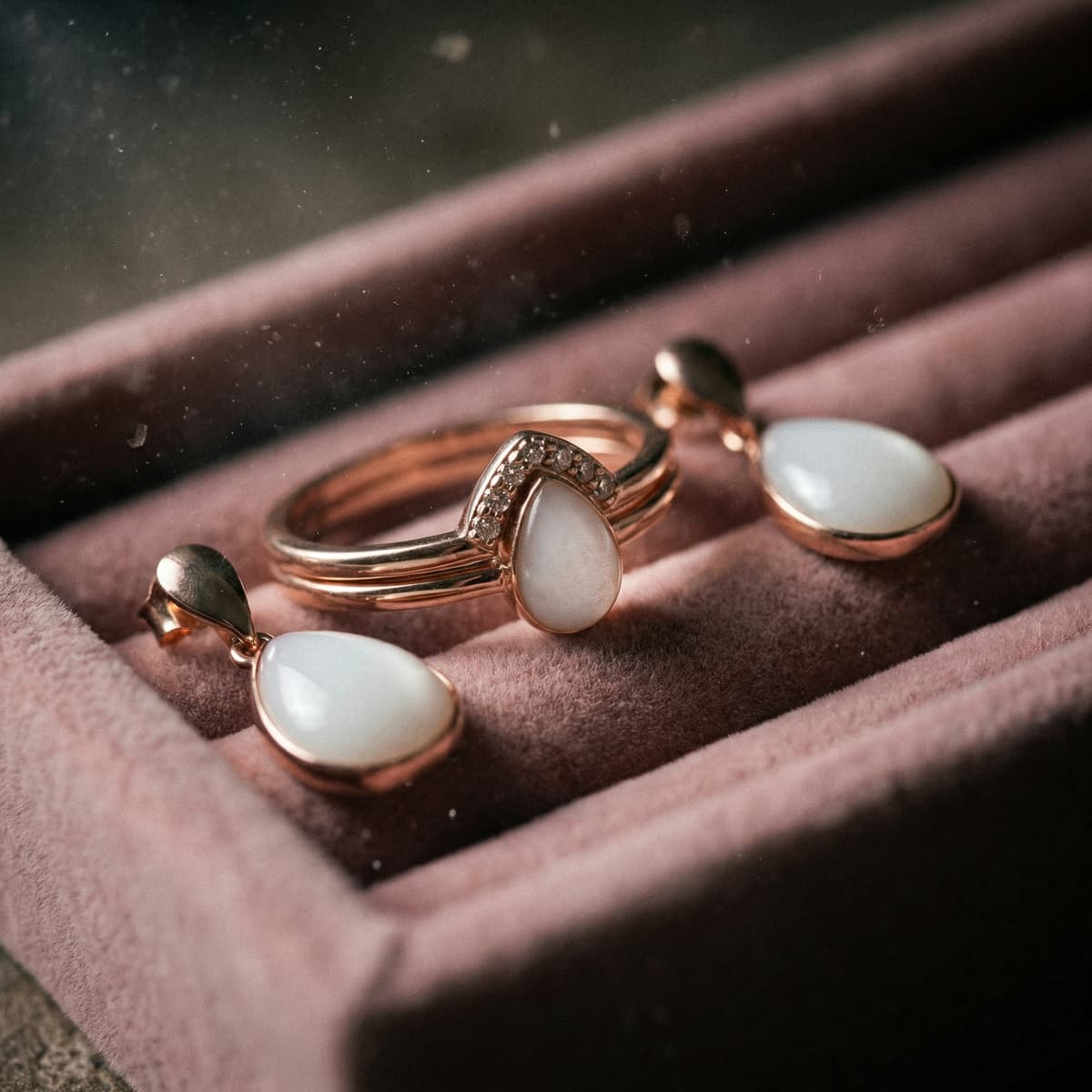 Rose gold ring and teardrop earrings with milky white resin stones in a velvet jewelry box, showcasing a breastmilk jewelry diy making kit keepsake set.