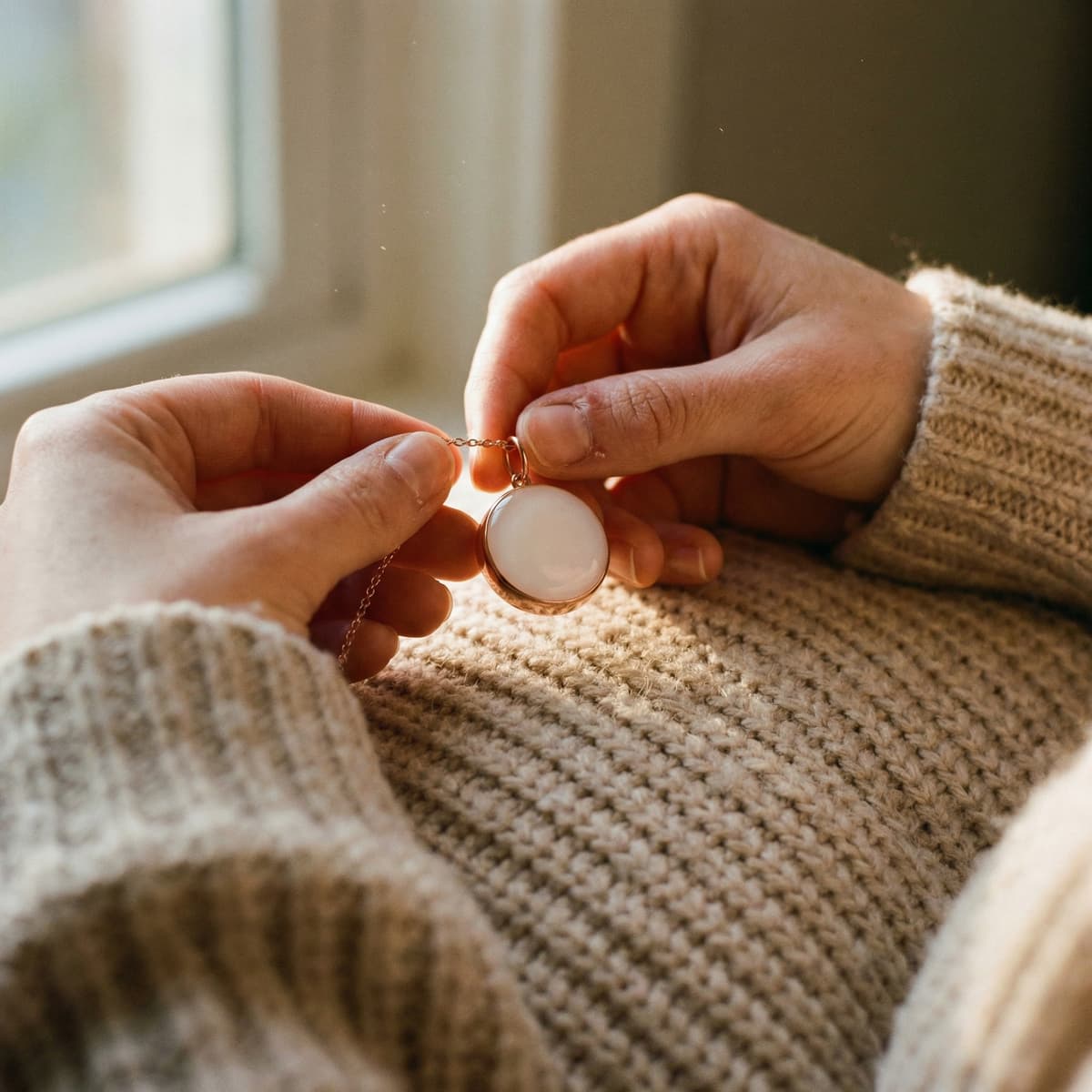 Hands hold a gold pendant necklace with a milky-white resin stone in warm window light, showing a breastmilk jewelry diy making kit keepsake in progress.