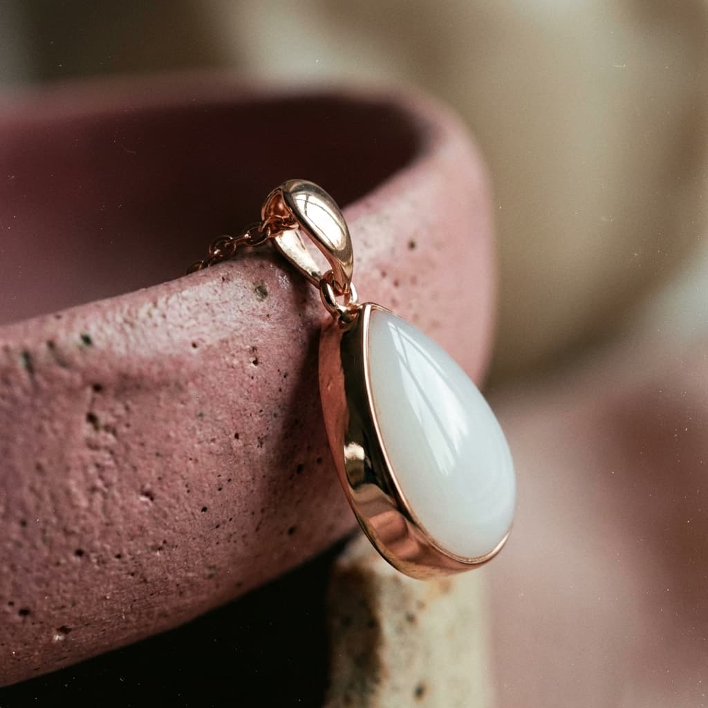 Rose-gold pendant with a milky white teardrop stone resting on a pink ceramic bowl, showing the finished keepsake you can make using a breastmilk jewelry diy resin kit.