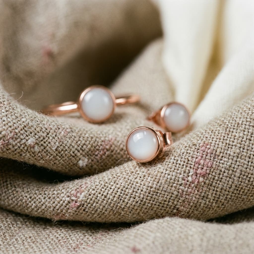 Rose gold stud earrings with milky-white resin stones, a finished keepsake made using a breastmilk jewelry diy resin kit, displayed on soft textured fabric.