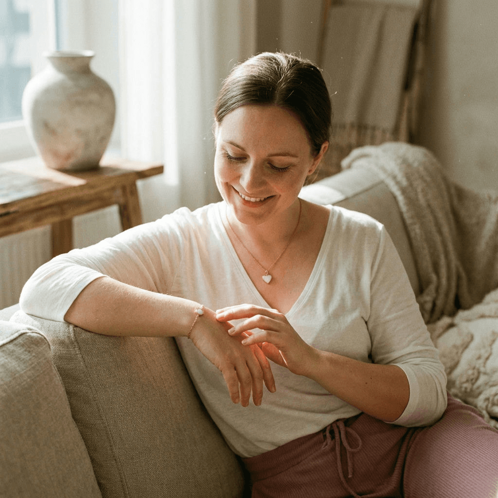 Sunlit living room scene of a smiling mom relaxing on a sofa and admiring a bracelet and heart pendant, showing why a breastmilk jewelry diy resin kit is a meaningful at-home way to create a personal keepsake.