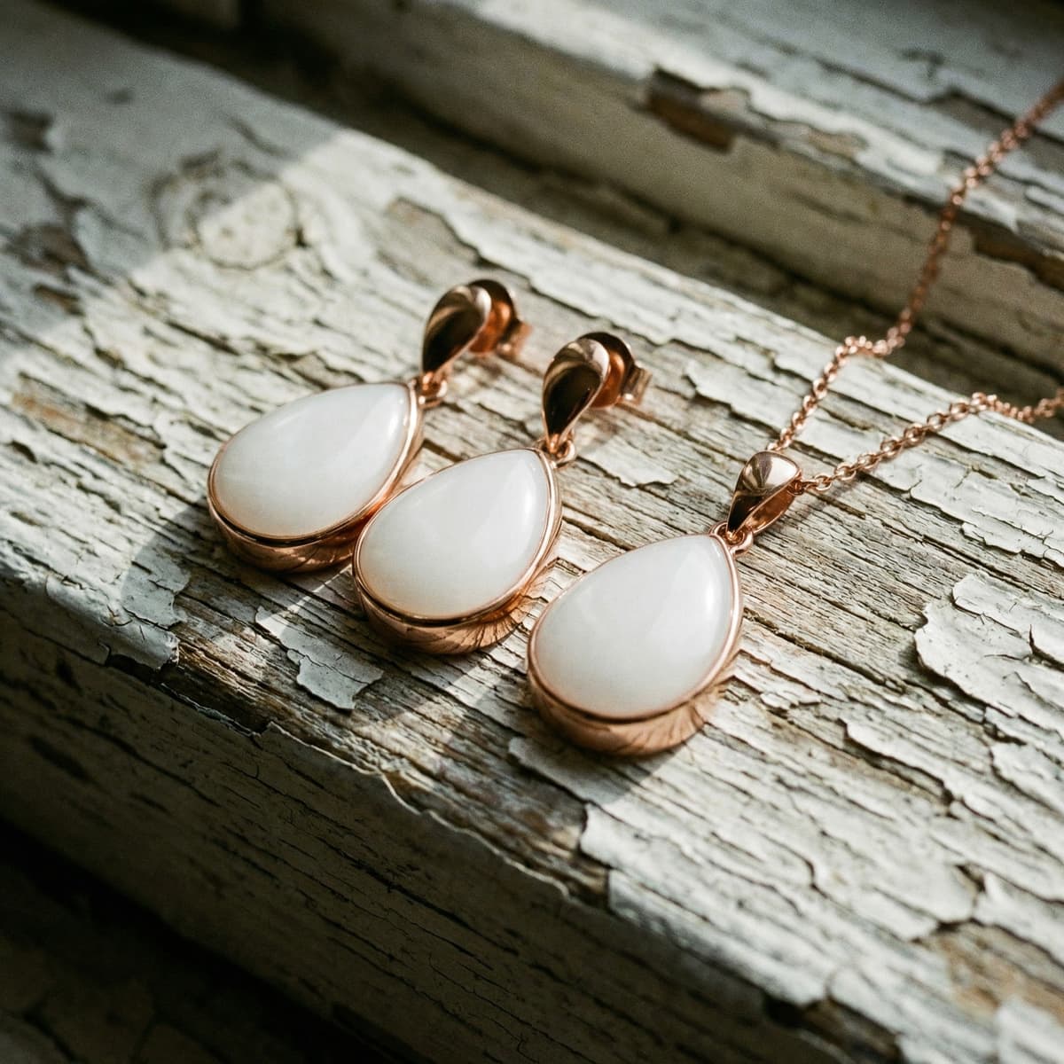Rose gold teardrop pendant necklace and matching earrings with milky white resin keepsake stones made using a breastmilk jewelry making kit, displayed on a rustic wooden surface.