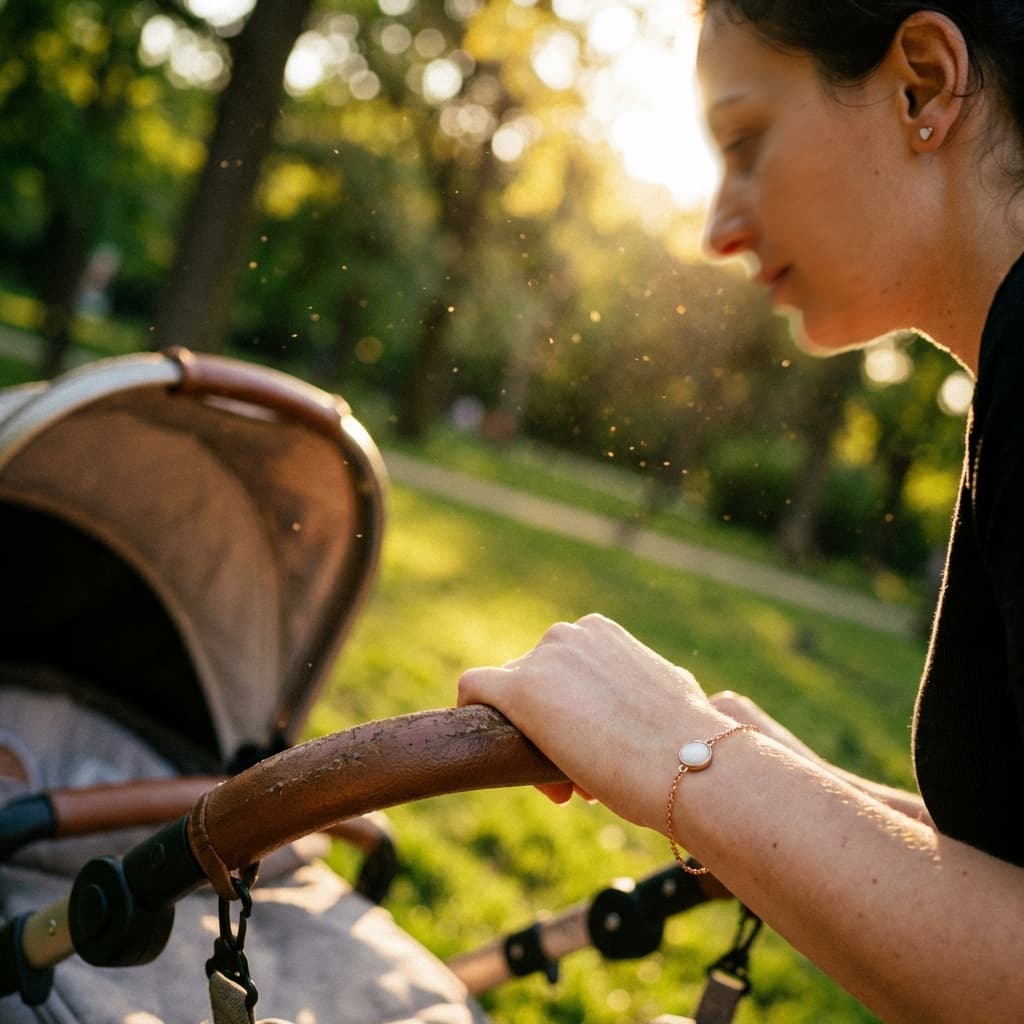 Mother pushing a stroller in a sunny park, wearing a delicate bracelet that can be made with a breastmilk jewelry making kit as a personal keepsake.